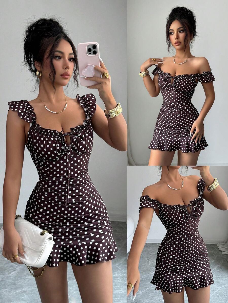 BamGleam Vestido de verano ajustado con volantes en el cuello, mangas cortas, lunares y volantes en el bajo - Marrón - Ver 1