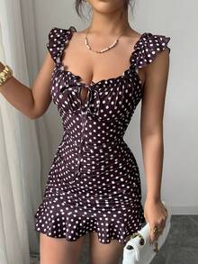 BamGleam Vestido de verano ajustado con volantes en el cuello, mangas cortas, lunares y volantes en el bajo - Marrón - Ver 3