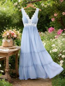 GlowEve 女士纯色蕾丝吊带长裙，春夏装扮，度假装，节日装，浪漫优雅服饰，波西米亚风，甜美风，热带度假女装，沙滩装，度假装，春夏新品 - 藍色 - 查看 3