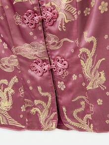 Nöista Chinesischer Stil Satin-Jacquard Zweiteiler Set mit ärmellosem Stehkragen-Top, rosa Party-Outfit, elegantes Ausgehen, Hochzeitsgast, Herbst-Matching-Set - Pink - Übersicht 13