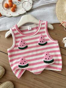 SHEIN LMoss Kids Camiseta de tirantes informal de verano para niña con decoración de sandía a rayas - Rosa - Ver 1