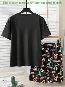 2件組青少年男孩居家服套裝，黑色夏季圓領短袖上衣搭配短褲，螢光夜光方塊與數字67圖案休閒服 - 黑色 - 查看 2