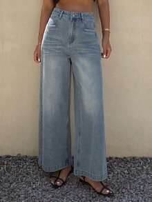 Livesso Women's Vintage Washed Loose Casual Street Vacation Outdoor Wide Leg Straight Jeans, Suitable For Summer, Spring And Autumn - Blue - View 5