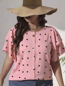 EMERY ROSE Plus Size Round Neck Pink Cute Heart Print Ruffle Sleeve Loose Casual Blouse, Suitable For Daily, Dating Brunch, Party, Holiday, And Summer - Pink - View 3