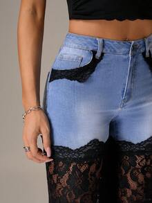 SHEIN PETITE Jeans casuales de mujer con bolsillos en diagonal y detalles de encaje en contraste - Multicolor - Ver 6