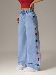 SHEIN PETITE 女士休闲水洗爱心刺绣阔腿牛仔裤 - 藍色 - 查看 3
