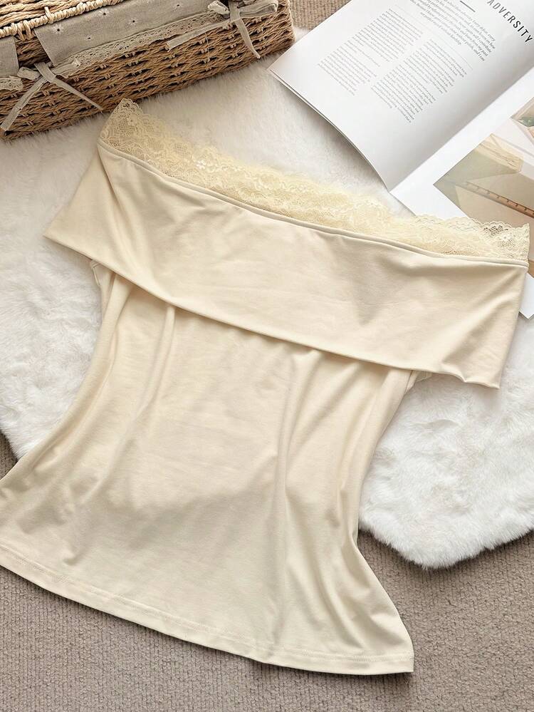 Dazy Plus Contrast Color Contrast Lace Off-Shoulder Sexy Wrap Streetwear Plus Size Women Spring/Summer Off-Shoulder T-Shirt