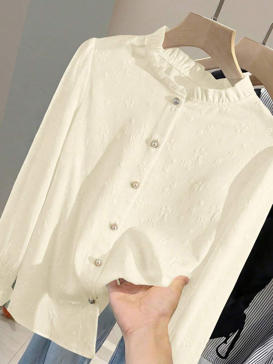 Everyssa Áo kiểu Pháp thanh lịch dáng rộng tay dài, màu trắng, chất liệu jacquard, cổ đứng, viền bèo nhún, trang phục thường ngày đa năng dành cho nữ. - Màu be - Xem 1