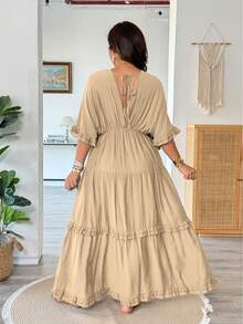 Vionelle Plus Size Solid Color Romantic Ruffle Trim Regular Dress, Spring/Summer - Khaki - View 2