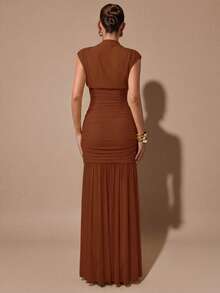 sfvsSHEIN  Vestido negro envolvente de gasa elegante con pliegues, adecuado para citas románticas, fiestas, eventos formales, vestidos de dama de honor, vestido de verano para mujer, vestido para té, Año Nuevo, Día de San Valentín, mini vestido de cumpleaños, vestido largo negro vestido de noche para mujervfdw GCUR - Óxido marrón - Ver 2