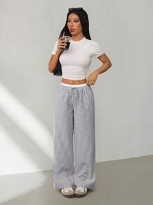 SHEIN PETITE Quần dài nữ dệt sọc nâu, kiểu dáng thường ngày, thích hợp cho mùa xuân/hè. - màu nâu - Xem 4