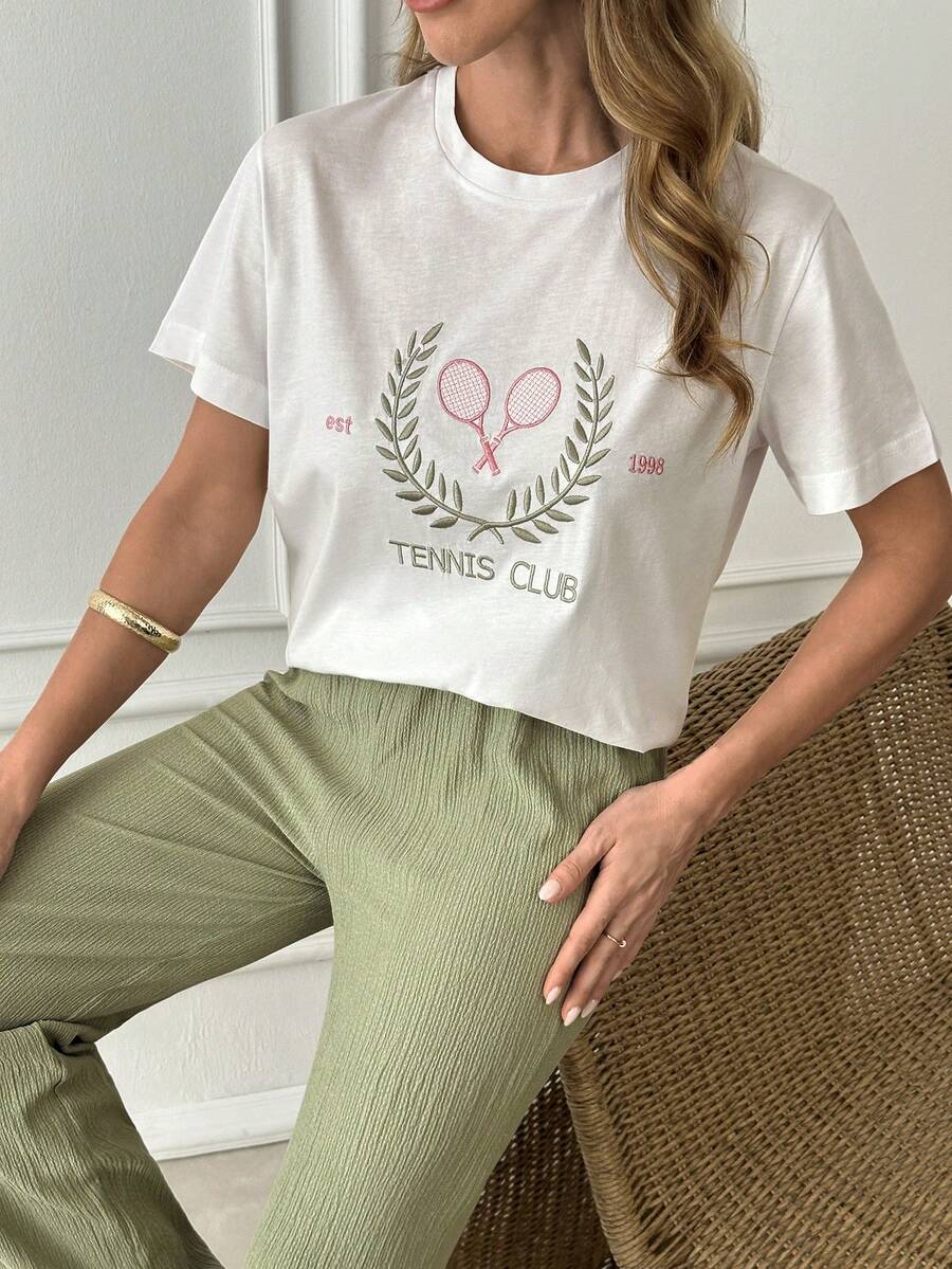 EURMUSE Women's Two Pieces Set – White Embroidered Cotton T-Shirt & Wide Leg Pants, Comfortable & Stylish Casual Outfit - White - View 1