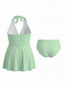 Swim Lushoire Bộ đồ bơi hai mảnh cỡ lớn dành cho nữ, họa tiết kẻ sọc, kiểu dáng tankini, xếp ly eo, cổ yếm, thích hợp cho kỳ nghỉ dưỡng. - Nhiều màu - Xem 5