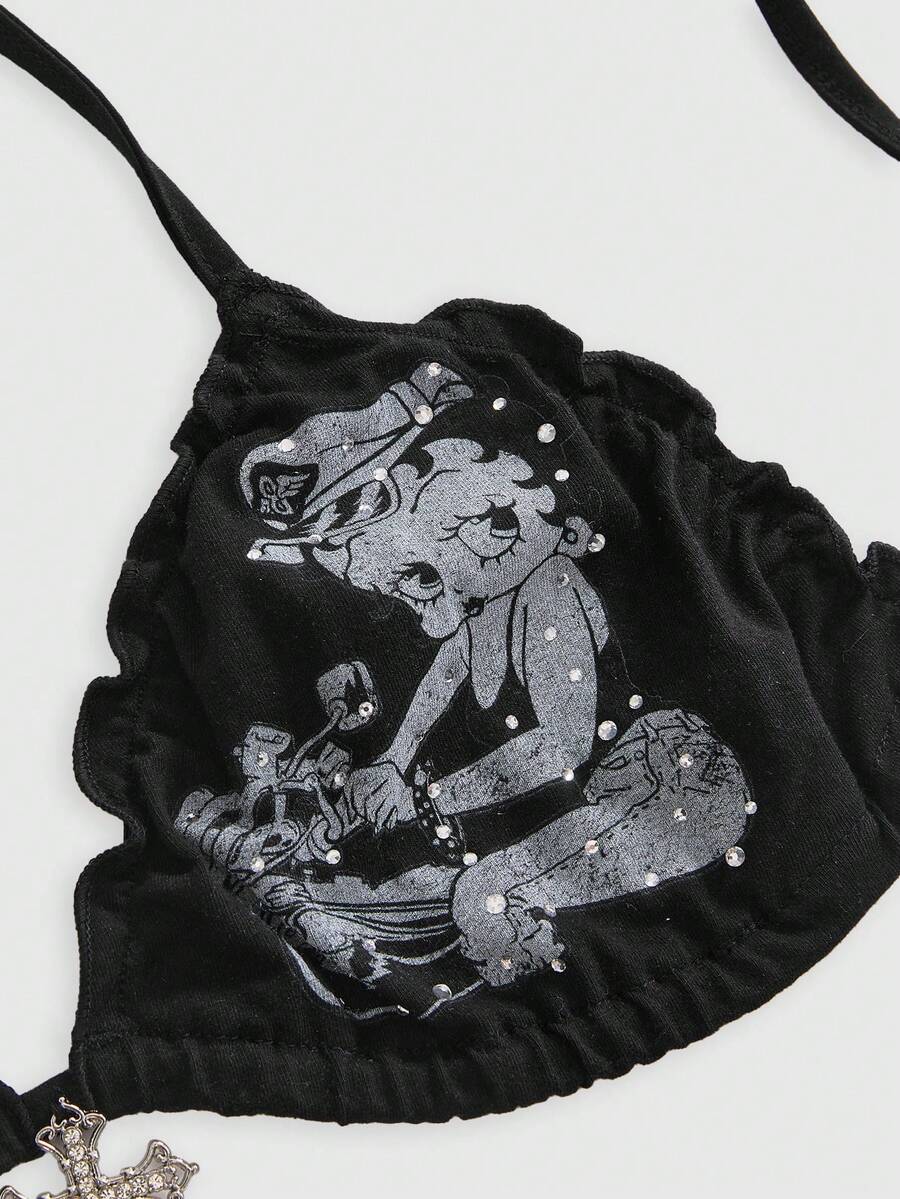 Betty Boop | ROMWE Y2K Baddie 春夏联名款复古做旧水钻印花露背比基尼上衣 - 黑色 - 查看 1