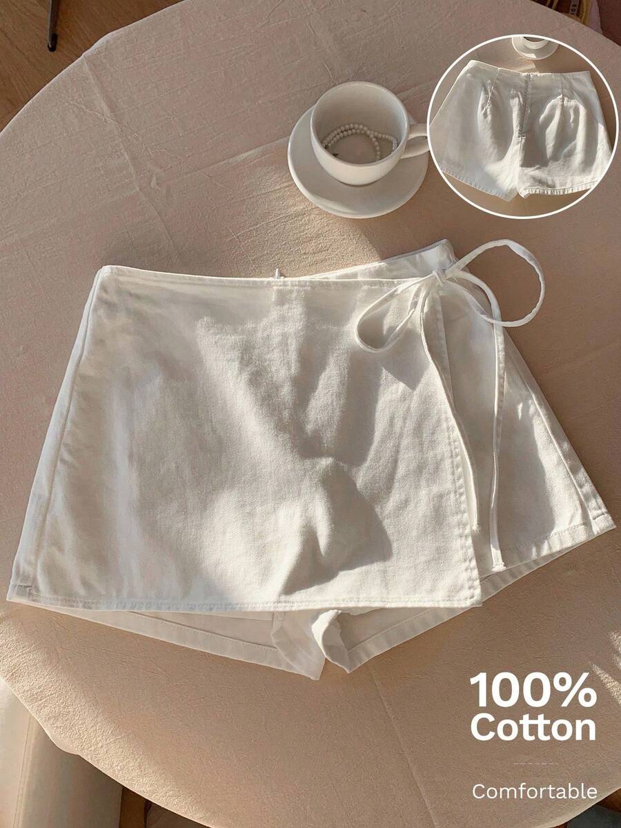 SHEIN Tall CURVE Plus Size Women's High Waist Wrap Tie Denim Skort,Y2K White Summer Silky Smart Casual Vacation Streetwear Knotted Versatile Fashionable Jorts - White - View 1