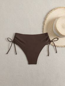 Swim Basics Celana Renang Wanita Model Tali Pengikat Warna Polos, Cocok untuk Pantai Musim Panas - Coffee Brown - View 6