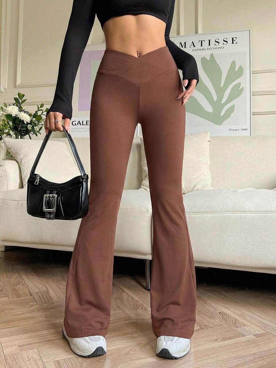 SHEIN EZwear Women's Solid Color Overlapping V-Waist Flare Pants - Brown - View 1