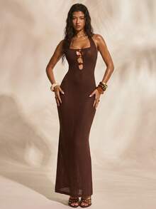 TypaGal Vestido de mujer con escote halter y espalda descubierta para vacaciones en la playa - Marrón - Ver 3