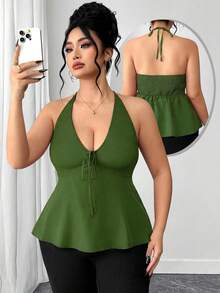 SHEIN Elenzya Áo hai dây gợi cảm, thanh lịch dành cho nữ cỡ lớn, đa năng, phù hợp đi làm, thiết kế lưng thun co giãn, lý tưởng cho các hoạt động hàng ngày, đi làm và hẹn hò. - màu xanh lá - Xem 1