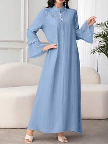Al Najma Arabic Style Loose Long Sleeve Women's Dress With Patch, Stand Collar, Mesh Insert Fall Cloth For Women - Blue - View 5