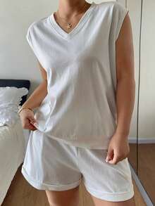 Dazy Plus Einfarbiges lässiges ärmelloses lockeres Top und Shorts Set, Frühling/Sommer Loungewear Pyjamas - Weiss - Übersicht 8