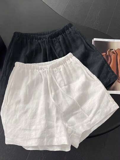 Resyla Bộ quần short nữ mới, cạp chun, dây rút, ống đứng, màu trắng, dáng rộng, tối giản, 2 mảnh.