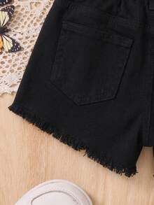 SHEIN Young Girl Ripped Denim Shorts, Kid Spring And Summer Casual Vacation Country Boho Wear, Beach For Kid Girls, Western Street Wear For Girl, Spring Break , Rave Festival Denim Shorts - Black - View 5