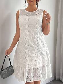 Cravure Plus Size Women's Spring/Summer Woven Embroidered Hollow-Out Double Ruffle Hem Dress Elegant - White - View 5