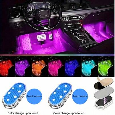 Teckwe 2pcs Magnetic Interior Ambient Light Wireless, Blue Monochrome Light, Mini USB C Charging Car LED Light, 6 Bright LED Beads In The Car Interior, Car Audio Control Light Suitable For Car Decoration, Home Life, Party Decoration Night Light 150mAh Rechargeable Lithium Battery; Equipped With USB Data Cable