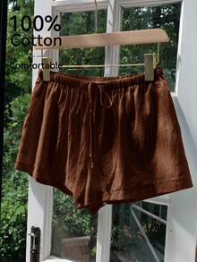 Comfortcana Plus Size Casual Loose Coffee Brown Drawstring Shorts, Spring/Summer Comfortable Cotton Drawstring Shorts - Coffee Brown - View 5
