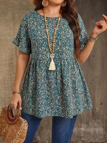 大码休闲印花荷叶袖衬衫 - 綠色 - 查看 3