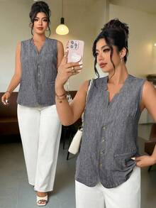 Elenzga Áo tank top cỡ lớn, cổ chữ V, không tay, chất liệu giả vải lanh, kiểu dáng thanh lịch, thích hợp cho đi làm, thư giãn và nghỉ mát. - Màu xám đen - Xem 1