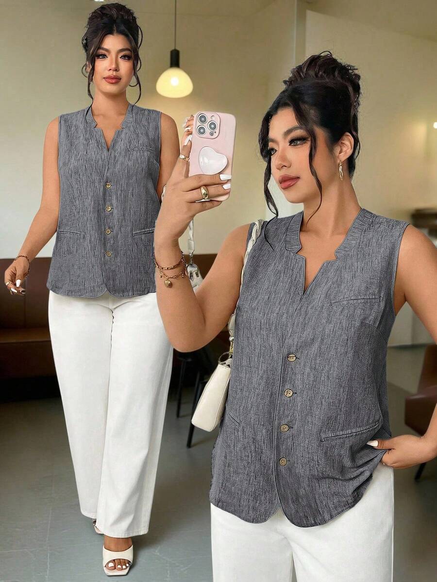 Elenzga Áo tank top cỡ lớn, cổ chữ V, không tay, chất liệu giả vải lanh, kiểu dáng thanh lịch, thích hợp cho đi làm, thư giãn và nghỉ mát. - Màu xám đen - Xem 1