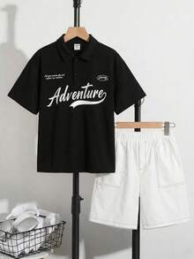 SHEIN Tween Boy Black And White Summer Streetwear School Back-To-School Collegiate Letter Print Short Sleeve Polo Shirt And Pocket Shorts Set,Daily Casual - Multicolor - View 1