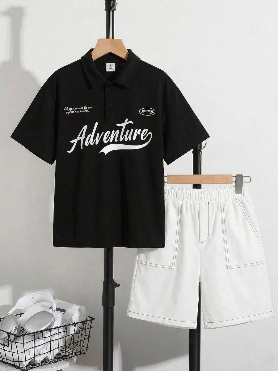 SHEIN Tween Boy Black And White Summer Streetwear School Back-To-School Collegiate Letter Print Short Sleeve Polo Shirt And Pocket Shorts Set,Daily Casual - Multicolor - View 1