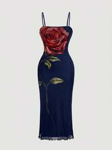 SHEIN MOD Plus Size Floral Print Mesh Vintage Romantic Mid-Length Dress, Spring/Summer Fitted Floral Strap Dress, Suitable For Party & Holiday Wear - Navy Blue - View 2