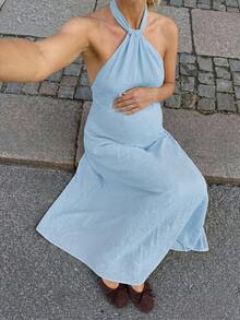 MaterniWear Maternity Vacation Solid Color Elegant Halter Dress - Baby Blue - View 3