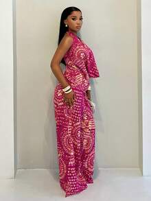 SHEIN Tall Vintage Fuchsia Printed Draped Neck & Wide Leg Pants 2-Piece Set, Flattering Casual Vacation Outfit - Multicolor - View 3