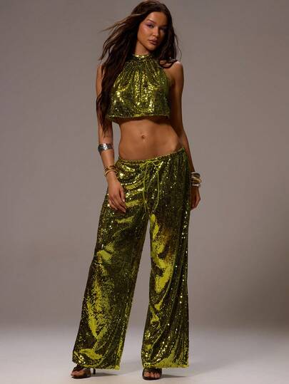 MUSERA Sequin Low Rise Wide Leg Trousers Adjustable Waist Tie Front Pants Sexy Summer Spring Rave Festival Holiday Vacation Ibiza Party Going Out Urchin
