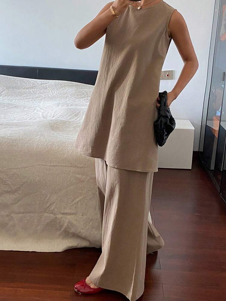 Women's Summer Casual Solid Color Camisole And Wide Leg Pants 2 Pieces Set