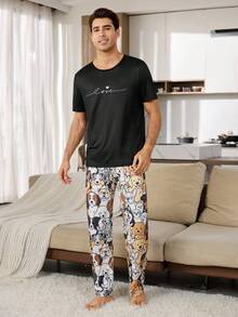 2 piezas Conjunto de pijama a cuadros para hombre, ropa de estar en casa a juego para parejas - Multicolor - Ver 2
