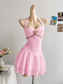 Soleia 度假风露背系带海星贝壳装饰荷叶边V领花卉金属扣白色针织纹理修身迷你连衣裙，适合圣诞节、约会、夜店、波西米亚风、度假、秋季女装、复古、假日等场合。 - 粉色 - 查看 4