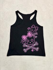 SHEIN Attitoon 休闲简约朋克街头风粉色可爱蝴蝶结骷髅印花女式无袖背心，适合春夏穿着 - 黑色 - 查看 5