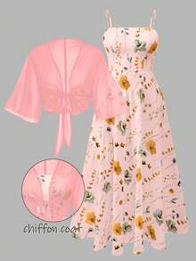 SHEIN Franclia 大码女装夏季碎花雪纺连衣裙及外套优雅两件套 - 淺粉色 - 查看 9