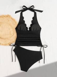 SHEIN Swim 女士V领花卉蕾丝拼接黑色薄纱度假沙滩上衣和纯色高腰吊带泳裤两件套泳装，夏季 - 黑色 - 查看 2