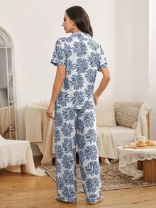 Serenescape Bubble Wrinkle Palm Leaf Print Short Sleeve Pajama Set - White - View 2