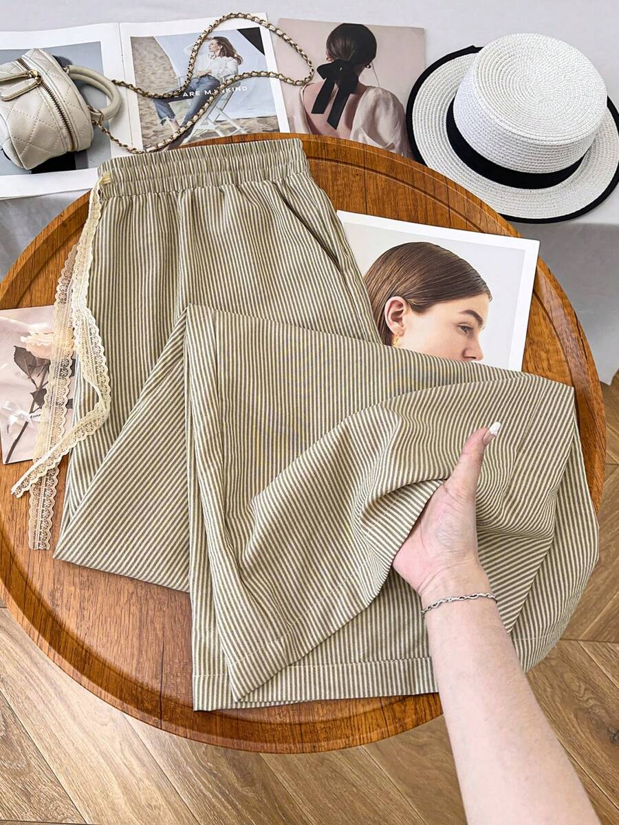 GlowEve CURVE Plus Size Women Casual Vacation Commute Gym Striped Lace Drawstring Waist Loose Wide Leg Pants Brown Autumn - Multicolor - View 1