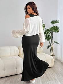 Solflare Plus Size Women Summer Solid Color Sleeveless Dress & Shawl 2 Pieces Set - Black and White - View 5