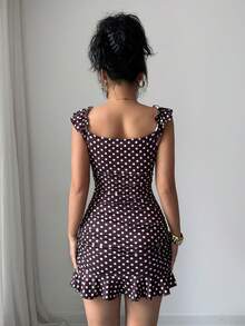 BamGleam Vestido de verano ajustado con volantes en el cuello, mangas cortas, lunares y volantes en el bajo - Marrón - Ver 2