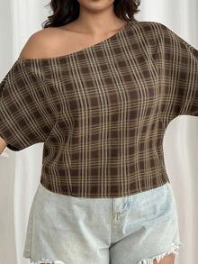 GalTyme Plus Size Women's Plaid Asymmetrical Shoulder Casual Versatile Daily Wear Top, Summer Gym Brown - Multicolor - View 4